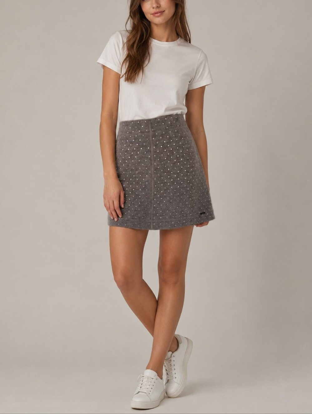 MARCCAIN SPORTS/ Gray A-line Wool Knit Skirt with Silver Detail/ Size US 6-8